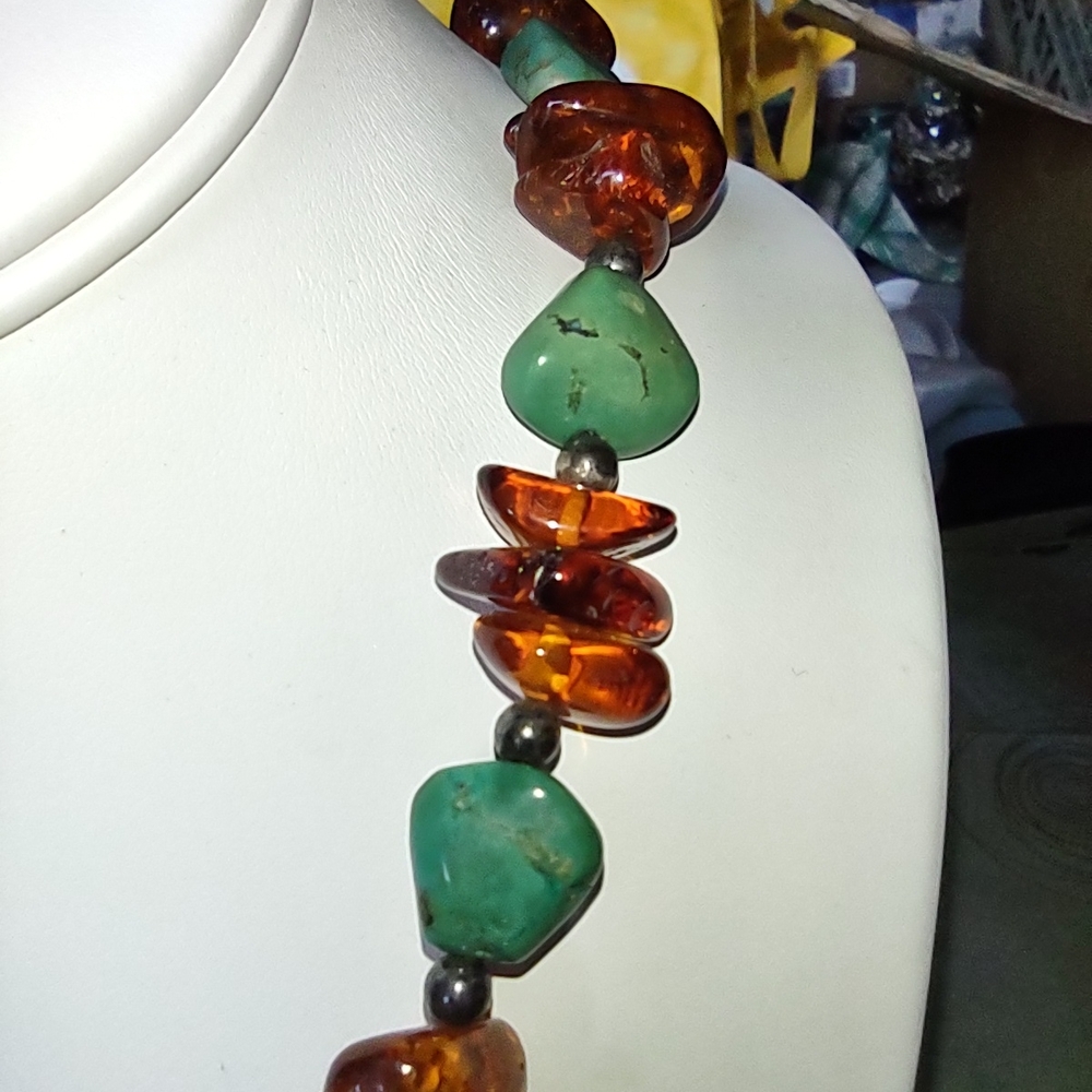 Enormous Turquoise and Amber Pendant Necklace - Statement Piece - Very Heavy - Picture 12 of 16